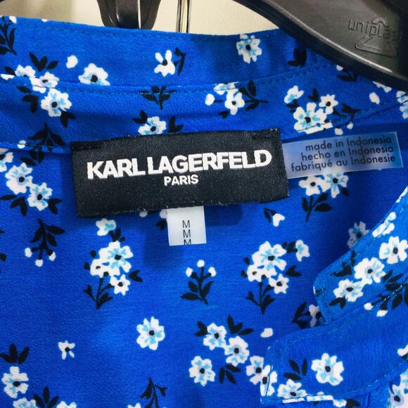 Karl Lagerfeld Paris Blue Floral Blouse Size M Button Front 3/4 Sleeve - Picture 4 of 4